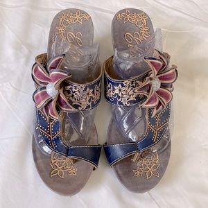 Blue leather wedge sandals